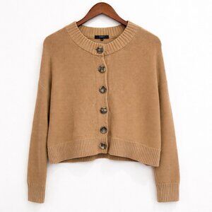 Quince Cropped Button Front Cotton Knit Cardigan Sweater in Camel Brown Size M